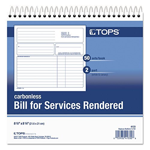 TOPS 2-Part Carbonless Bill for Services Rendered Book, 8.5 x 8.25 Inches, 50