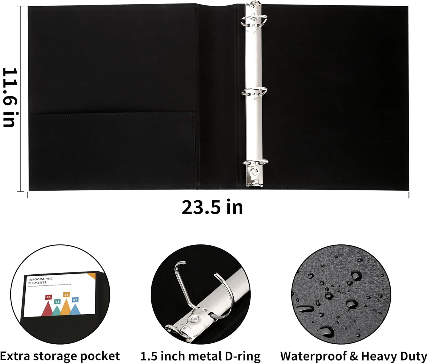 Vintage Hardback 3 Ring Binder 1.5 Inch, Professional Leather Binder 3 Ring, Thr