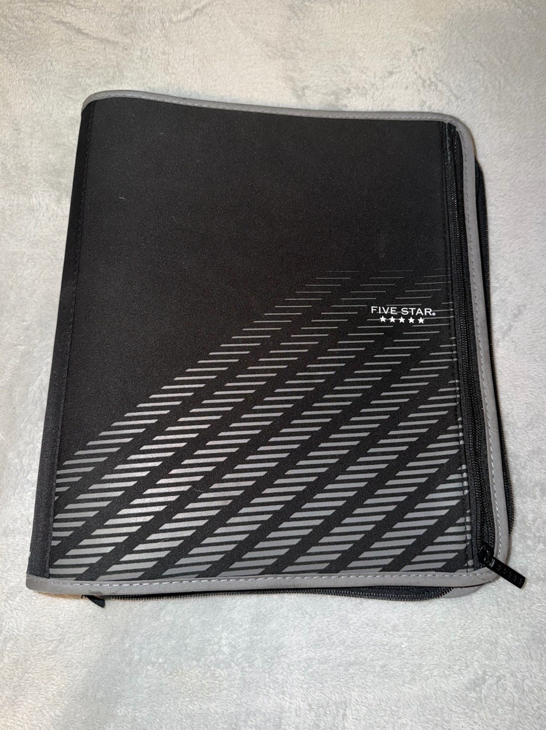 Five Star 3 Ring Binder 2in with Zipper Closure Black with Grey Stripes Used