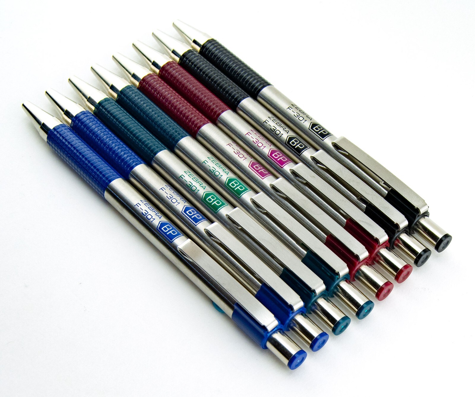 Zebra Ballpoint Pens F301 8pc Lot Fine Pt Black Red Blue Green Stainless Steel