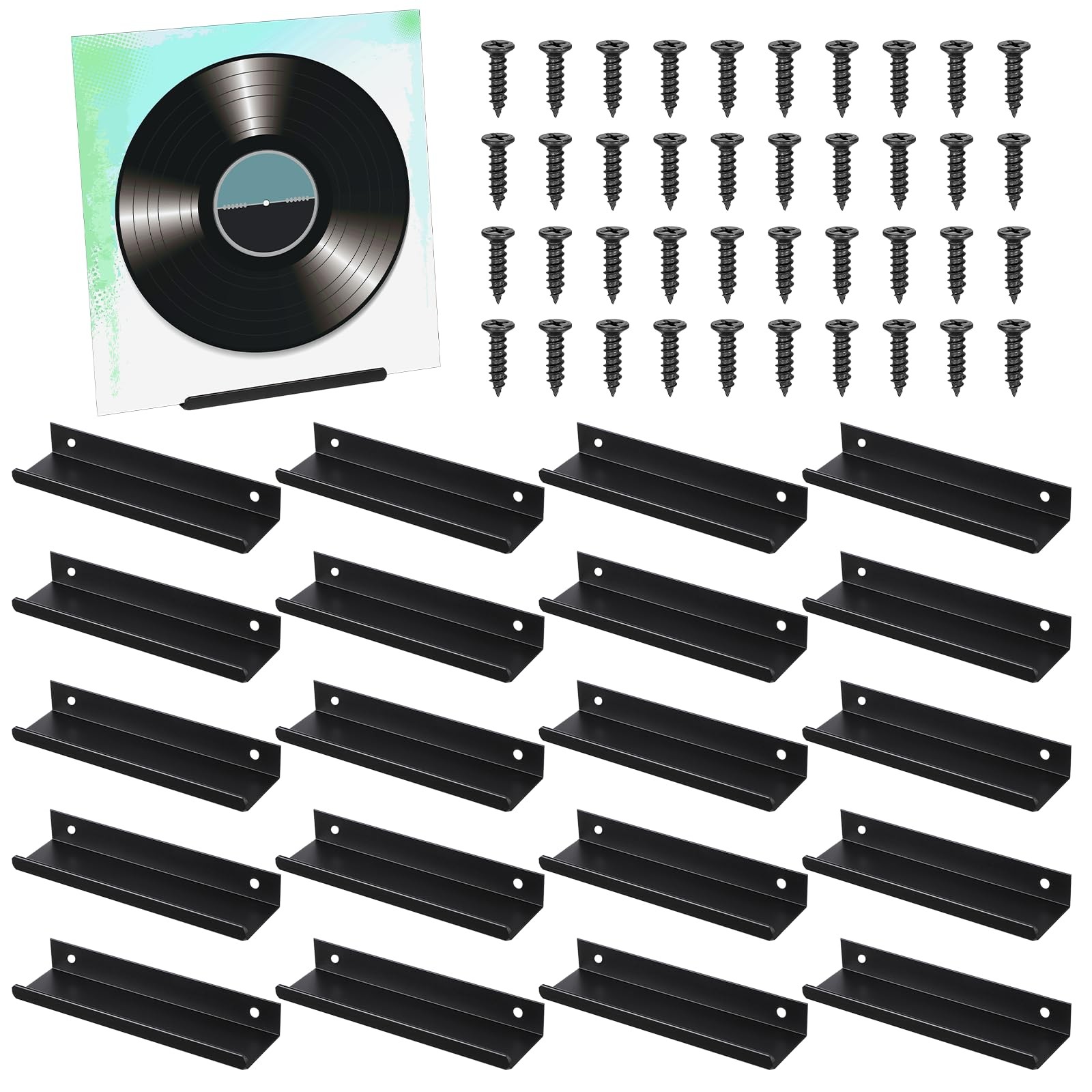 20 PCS 4 Inch Black Vinyl Record Wall Mount Metal Holder Album Storage Shelf