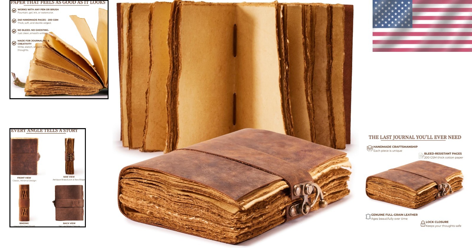 Rustic Vintage Leather Journal – Lock Closure, Antique Paper