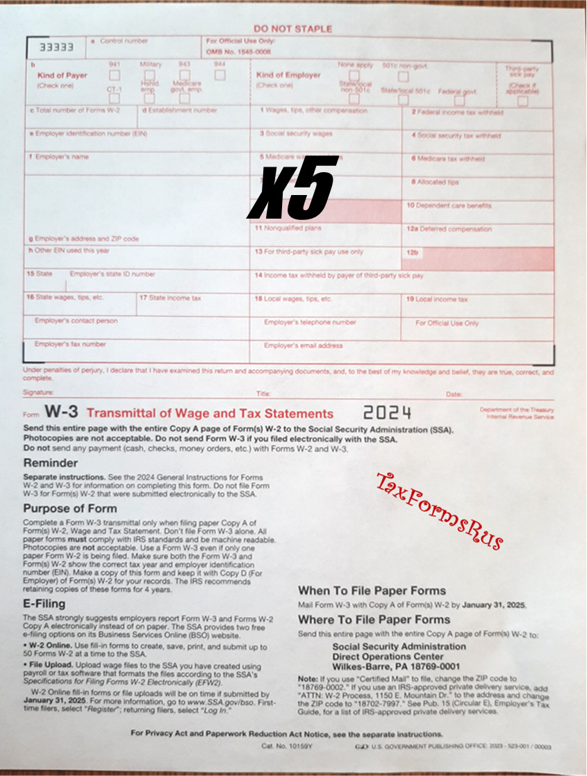 5-pack — 2024 IRS Tax Form W-3 Transmittals ONLY (for mailing W2s to SSA)