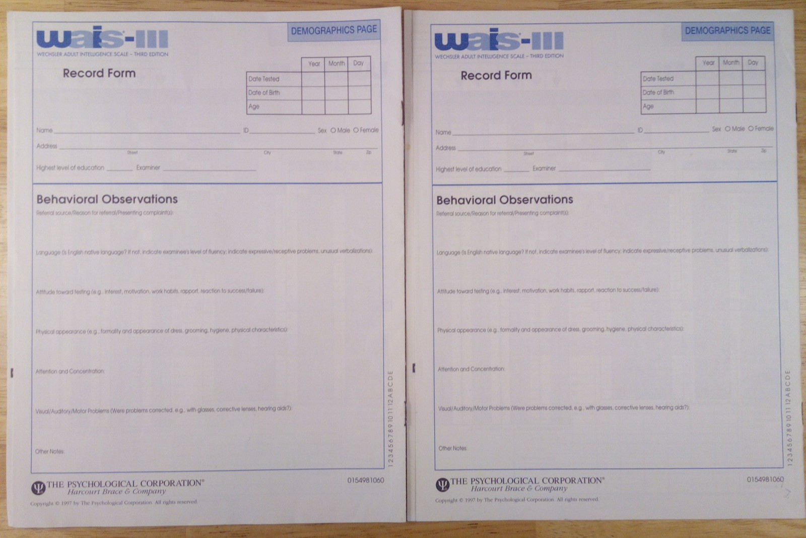 WAIS III Wechsler Adult Intelligence Scale Record Form . Lot of 10