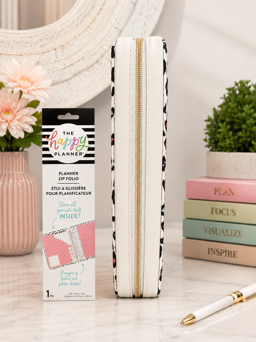 The Happy Planner Planner Zip Folio, White Leopard Print Organizer Case with Zip