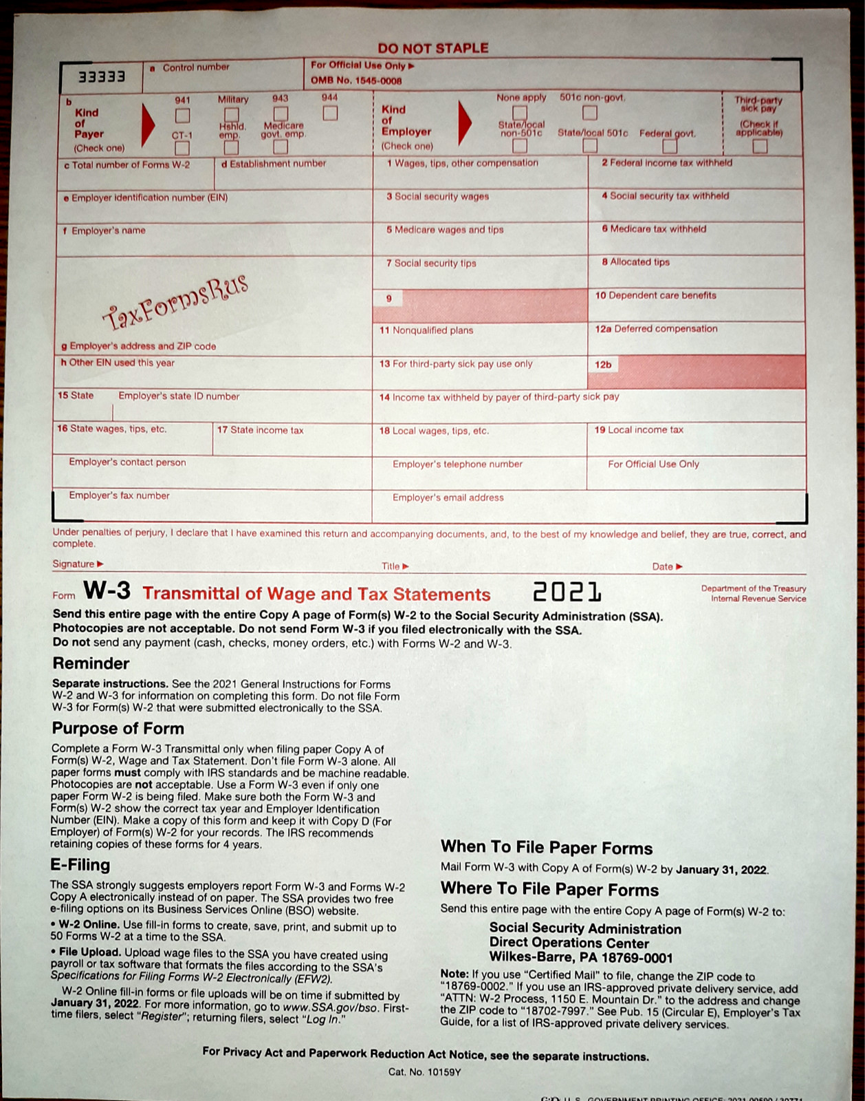 2021 IRS Tax Forms W-2 Wage Stmts for 4 employees CARBONLESS 6-pt+(1)W3 NO Env