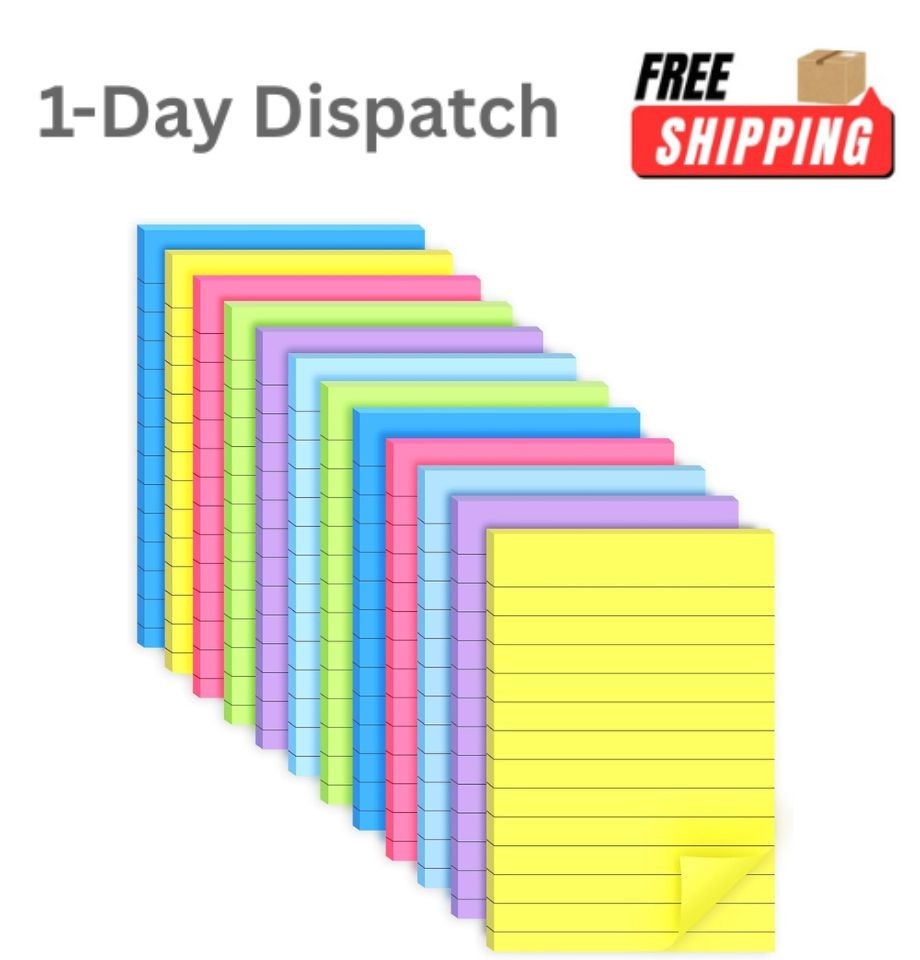 WSPER 12 Pack Lined Sticky Notes 4×6 Inch Bright Colours Self-Adhesive