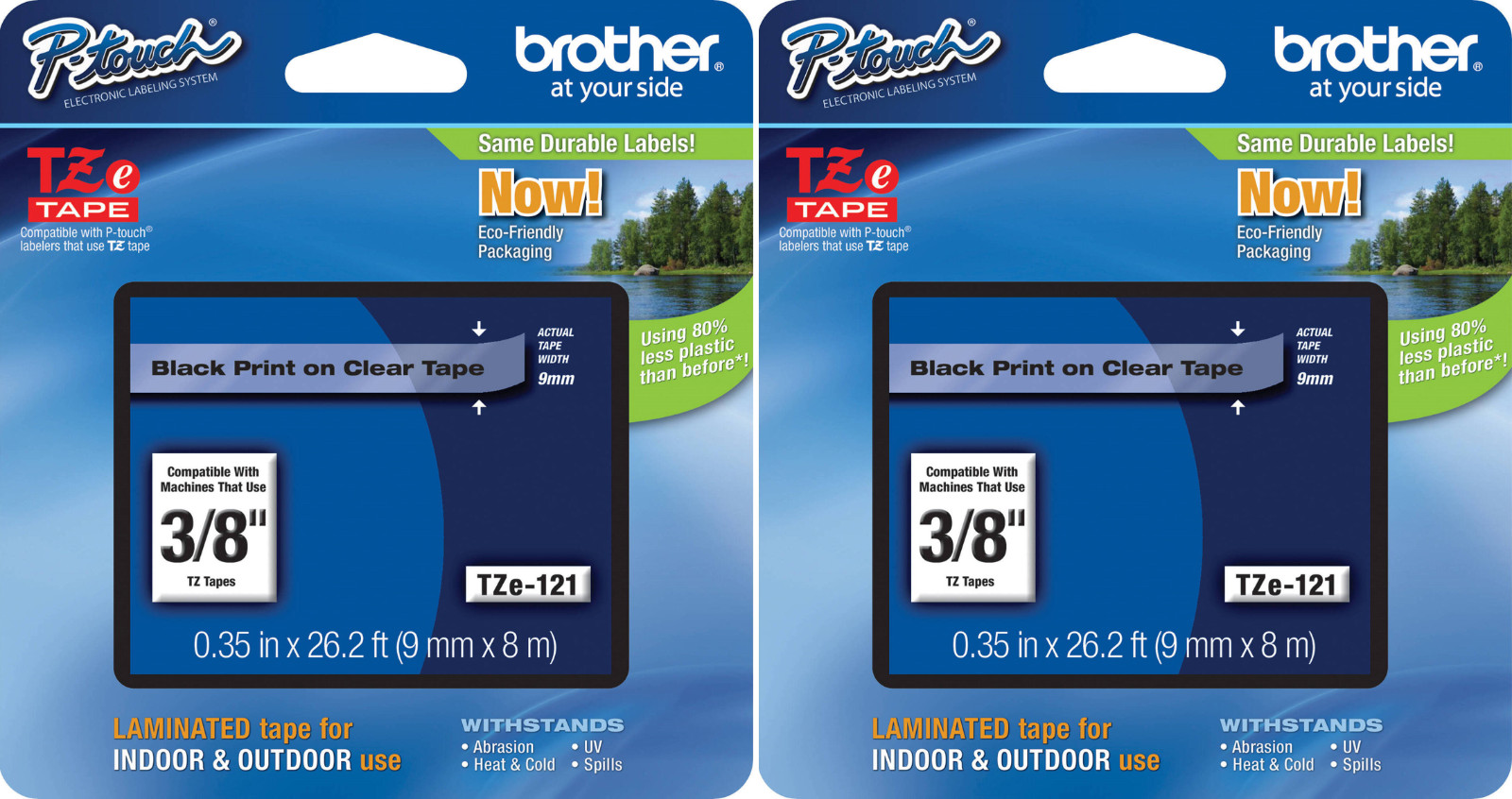 New Genuine Brother P-Touch TZe-121 2PK Black on Clear Laminated Tape