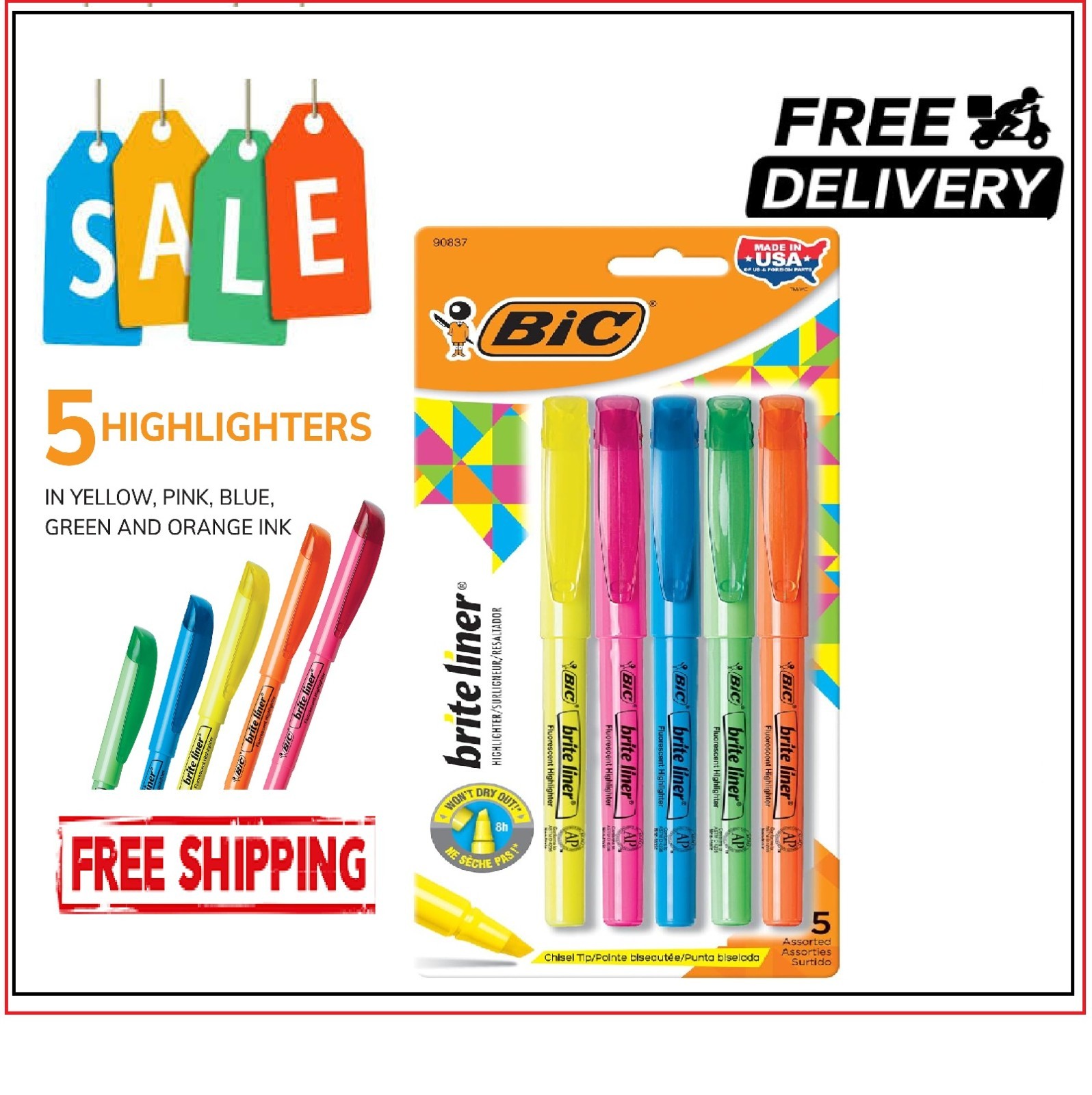 BIC Brite Liner Highlighters Chisel Tip 5-Count Pack of Highlighters Assorted…