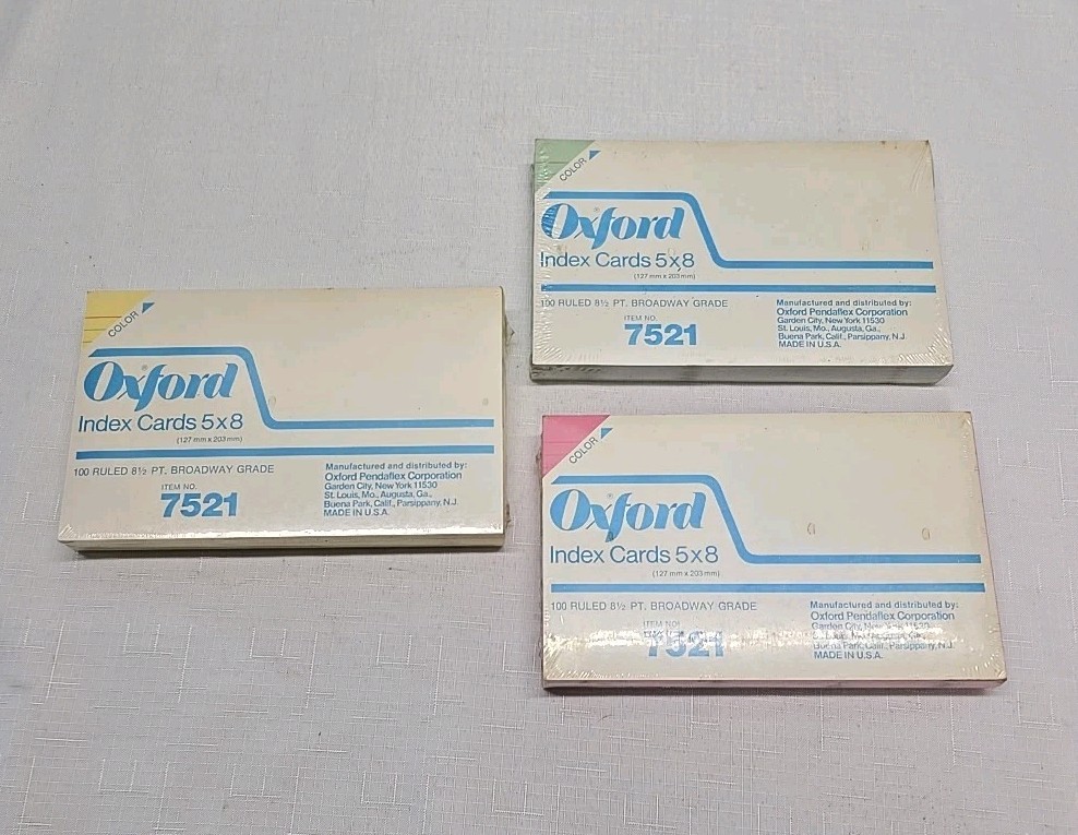 Vintage Oxford 5×8 Index Cards Green Pink Yellow Sealed –READ—