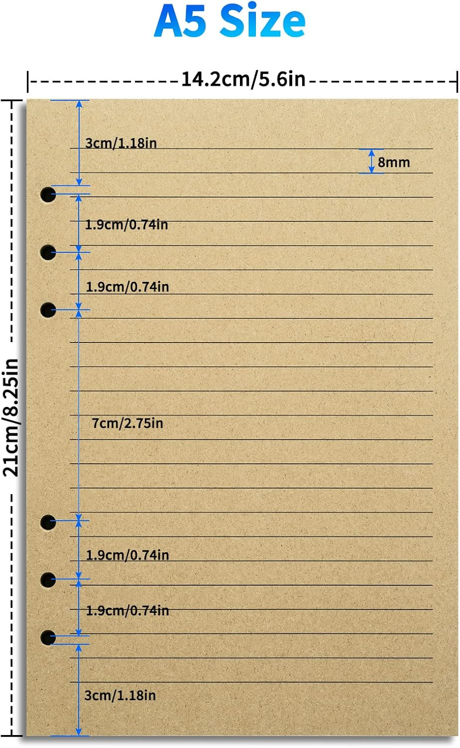 A5 Lined Vintage Refillable Paper, Retro A5 Binder Refills Paper for 6-Ring Bind