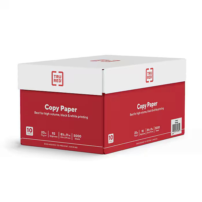 TRU RED Copy Paper 8.5×11 20 lb White 500 Sheets 10 Reams 5000 Sheets Carton