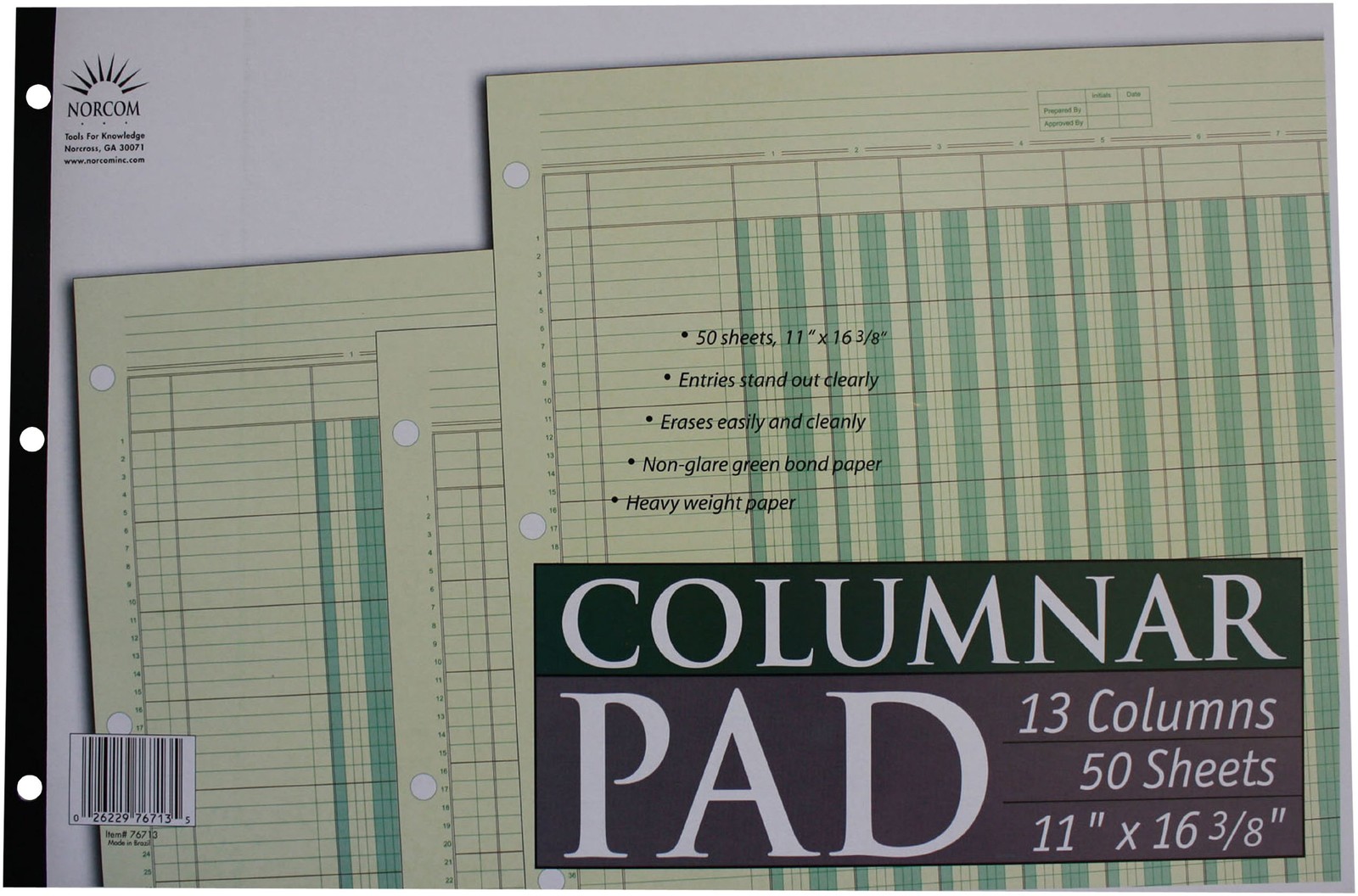 Norcom Columnar Pad 13 Columns, 11 x 16.375 Inches, 13-Columns-1Pack, Green