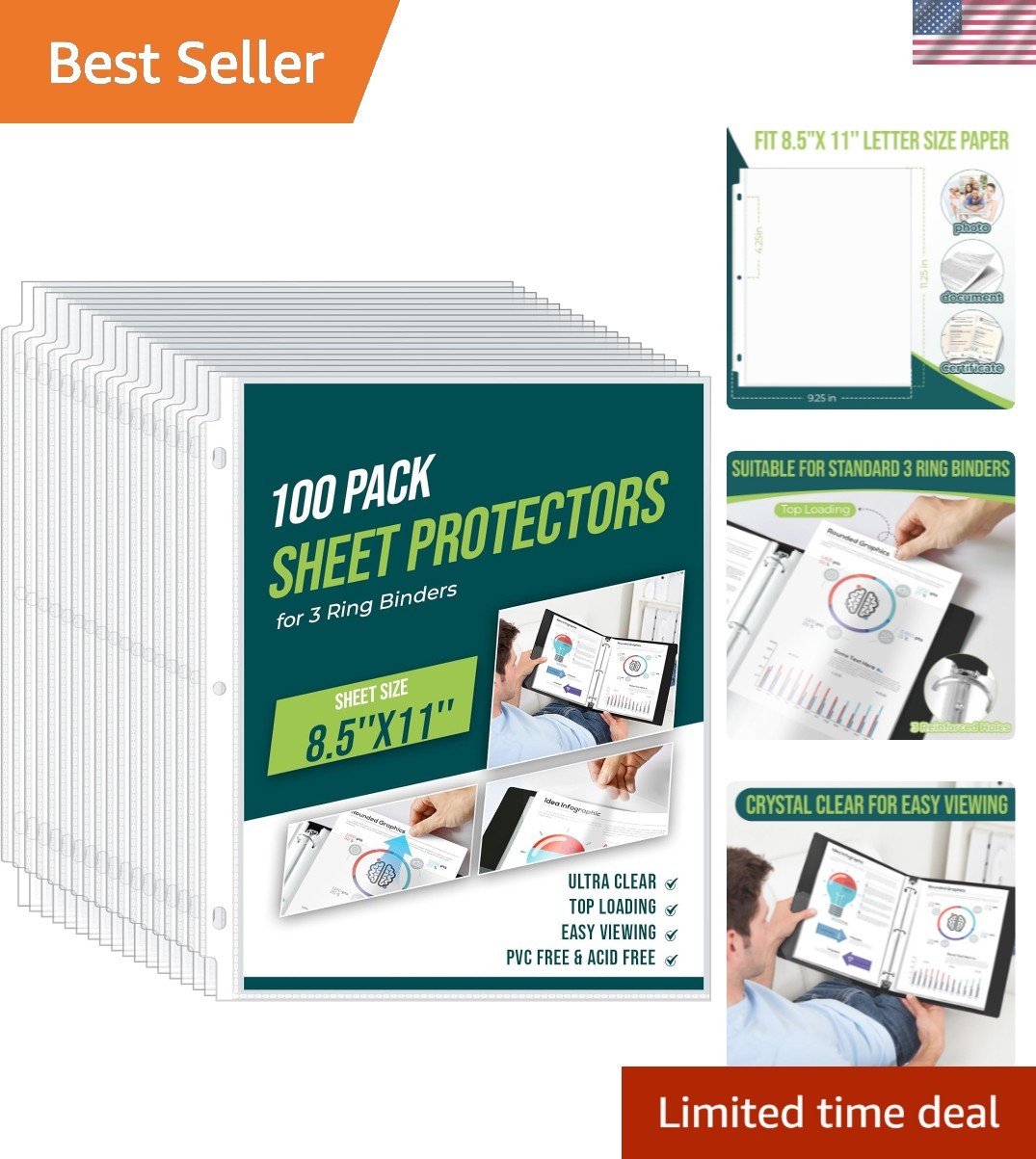 Sheet Protectors 8.5 x11 Inch Clear Page Protectors for 3 Ring Binder,100 Pac…