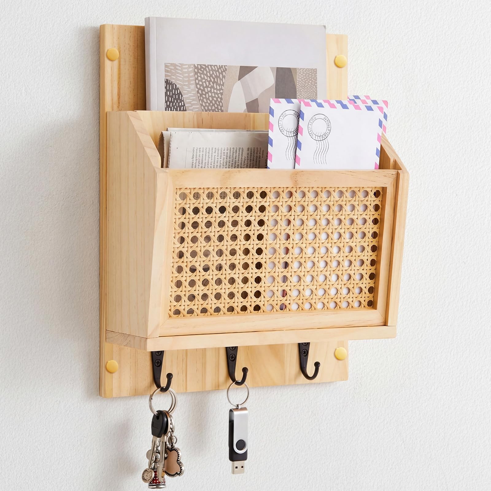 Rattan Mail and Key Holder Wall Mounted, Wood Magazine Mail Sorter Rack Wall …