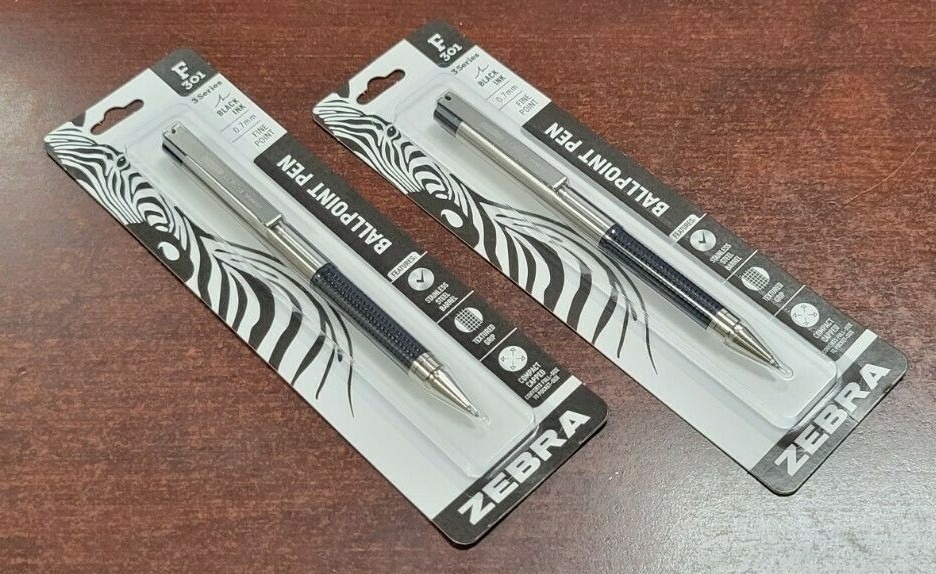 2 Zebra F301 Compact Capped Ballpoint Stainless Steel Retractable Pen Fine Point