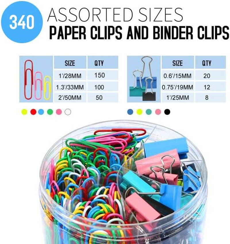 Paper Clips & Binder Clips | 340 pieces | Assorted Sizes/Colors, Tempered Steel