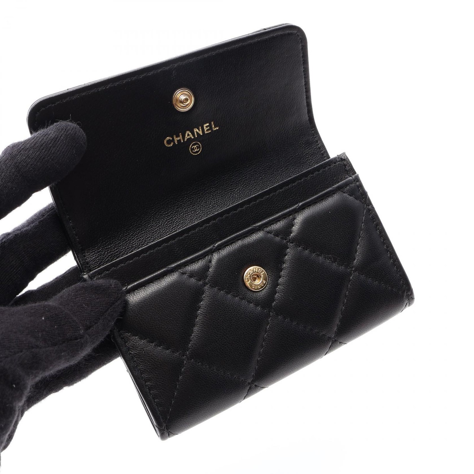 CHANEL Matelasse Card Case Holder Lambskin sheep leather Black GHW Used Women CC