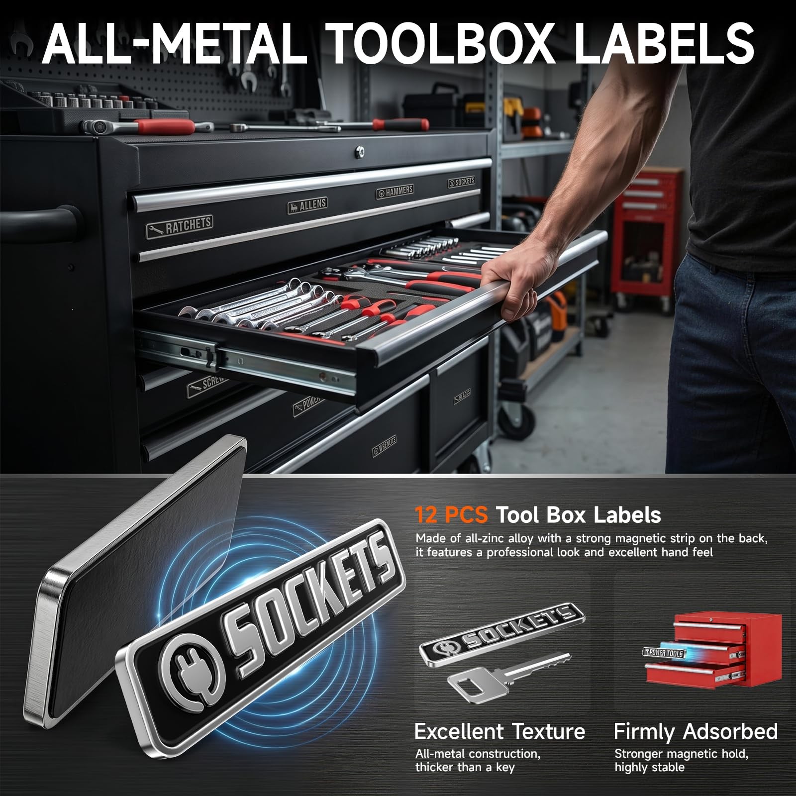 12 PCS Metal Magnetic Tool Box Labels, Embossed 2 to 4.1 inches, Black
