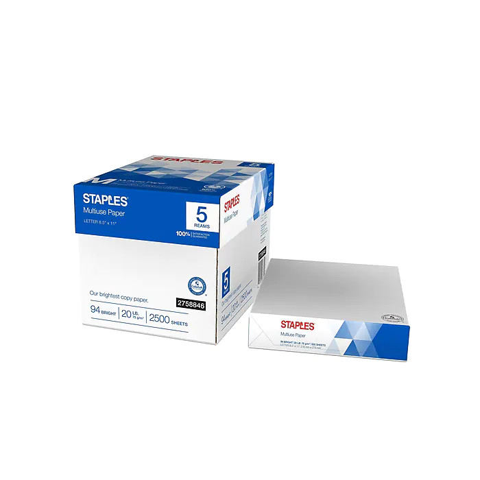 Staples Multiuse Copy Paper 8.5×11 20lb 94 Bright 2500 Sheets 5 Reams