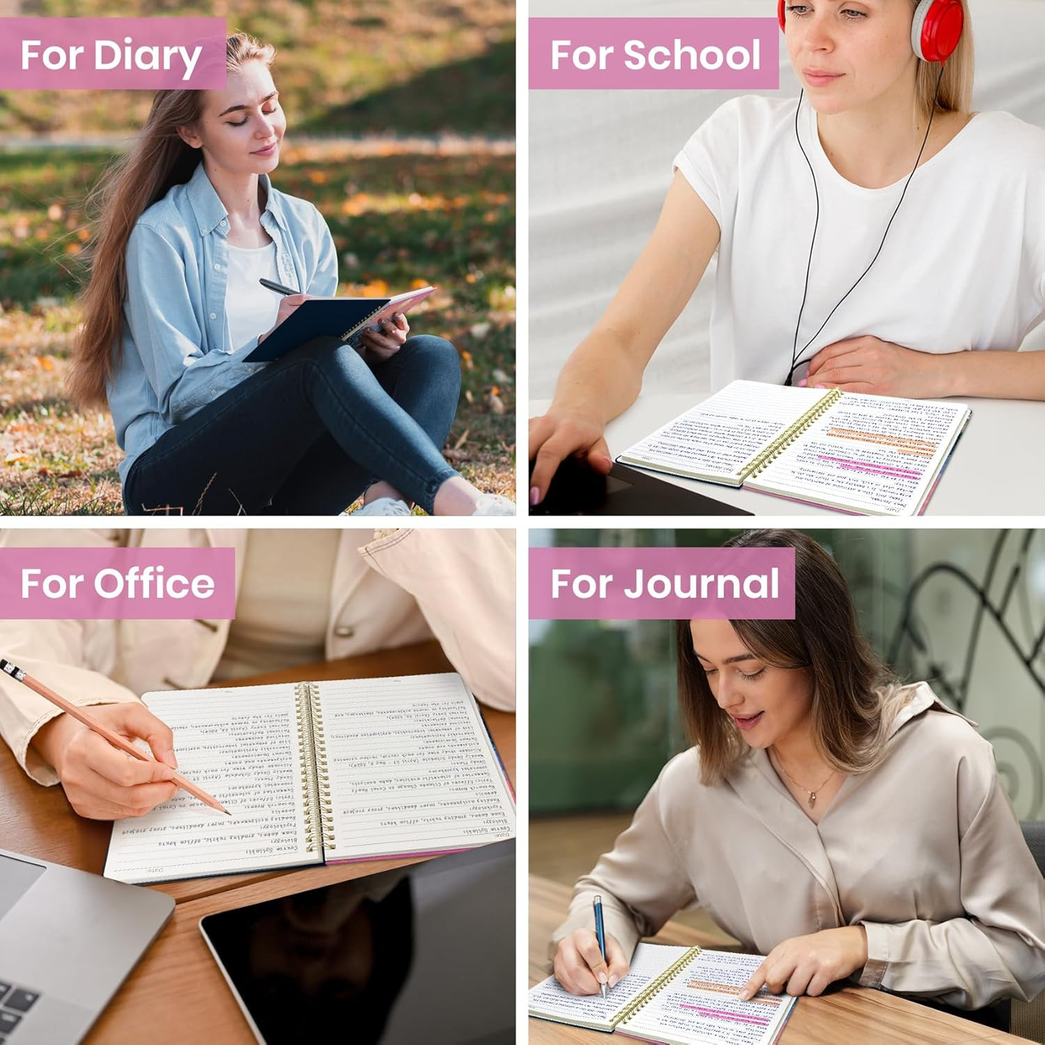 Lined Spiral Journal for Women, A5 Cute Hardcover College Ruled Notebook for Wor