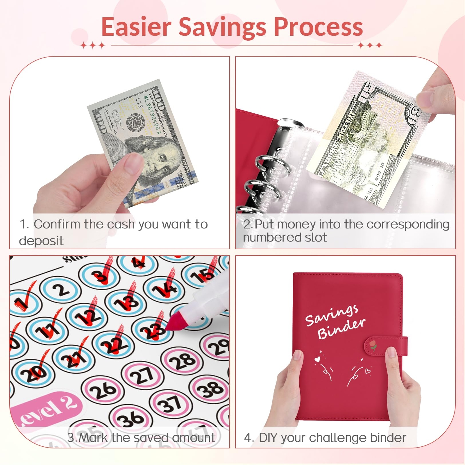 100 Envelope Savings Challenge Book with 100 Pocket Pre-numbered & Reusable L…