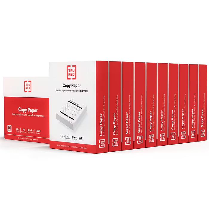 TRU RED Copy Paper 8.5×11 Letter 20lb 92 Bright 5000 Sheets White/10-Ream