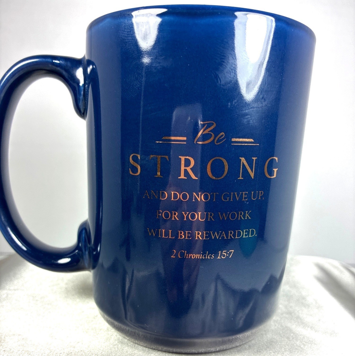 Christian Art Gifts Faithful Servant Mug 2 Chronicles 15:7 Blue Gold Coffee Cup