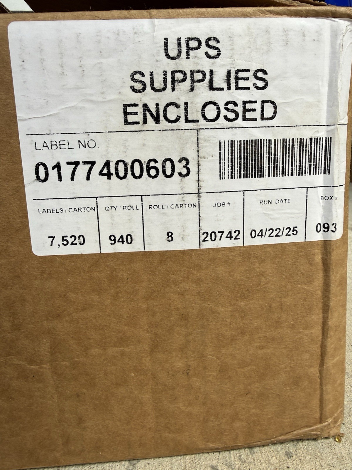 UPS 4”X6” Blank Label Rolls: (0177400603) 940 labels per roll, 8 rolls cs, 7520