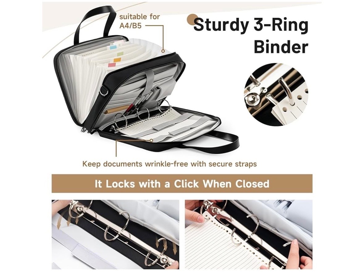 3 Ring Binder Zipper Fits 500 Sheets Shoulder Strap Organizer Bag 16″ Laptop NEW