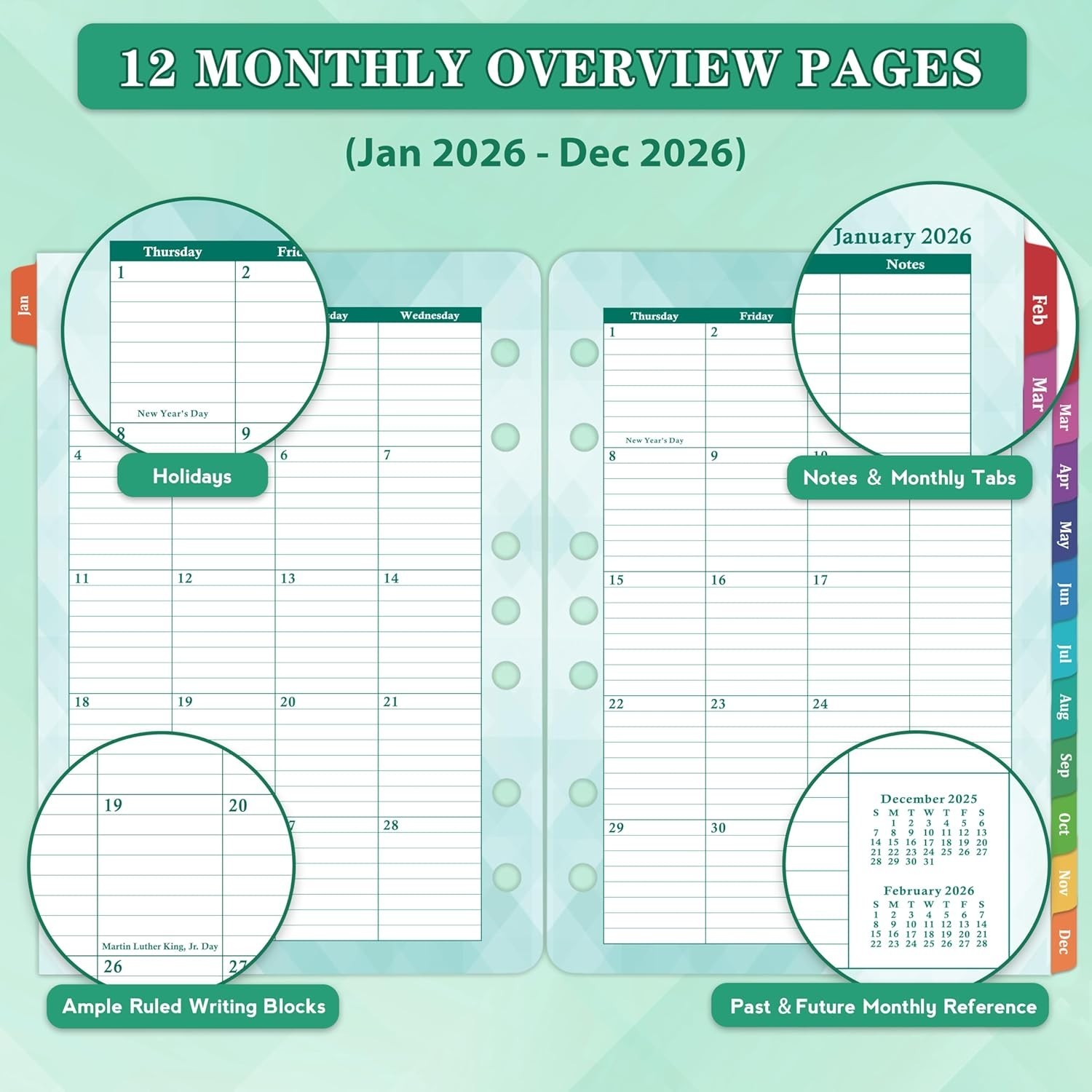 2026 Daily & Monthly Planner Refills 2 Pages Per Day Green 5.5×8.4 Inches