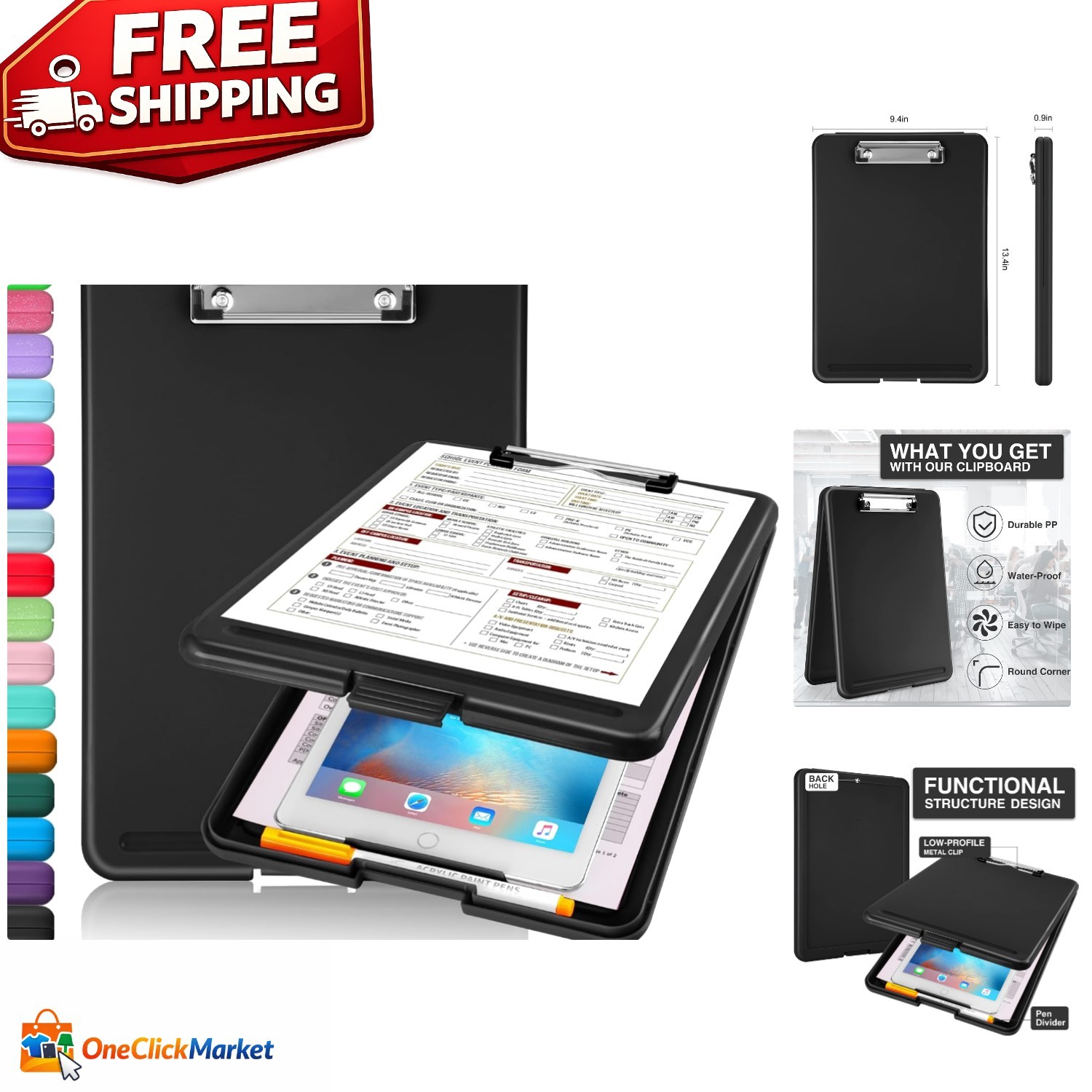 Hinged Clipboard Case with Low-Profile Clip for Easy Document Management – Black