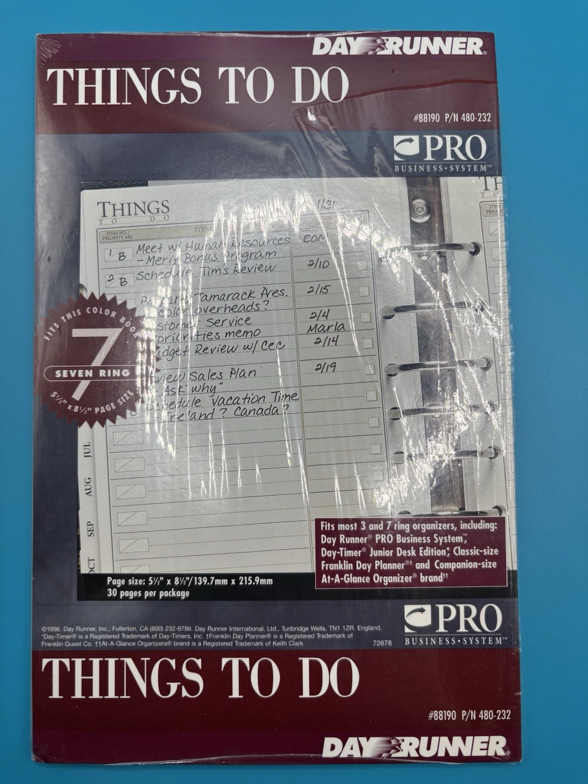 DAY RUNNER PRO Things To Do Pages #88190 NOS Pack 30 Sheets Sealed 7 Holes 1996