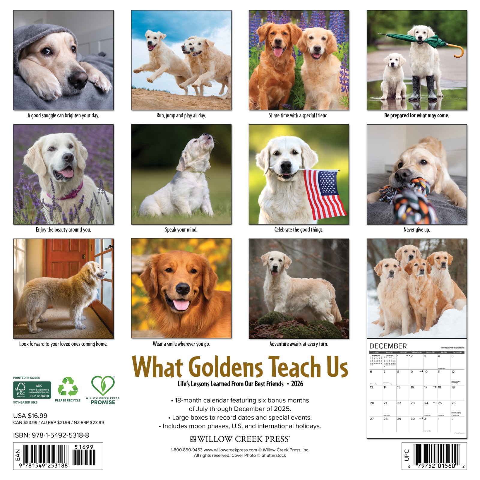 What Goldens Teach Us 2026 12″ x 12″ Wall Calendar (free shipping)