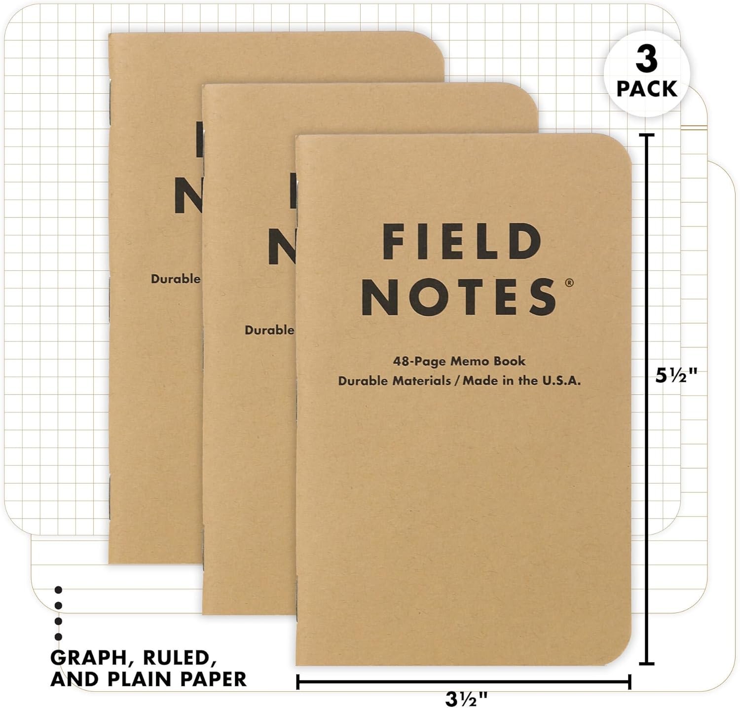 Field Notes: Original Kraft 3-Pack – Mixed Paper (1 Graph/Grid, 1 Ruled/Lined, 1