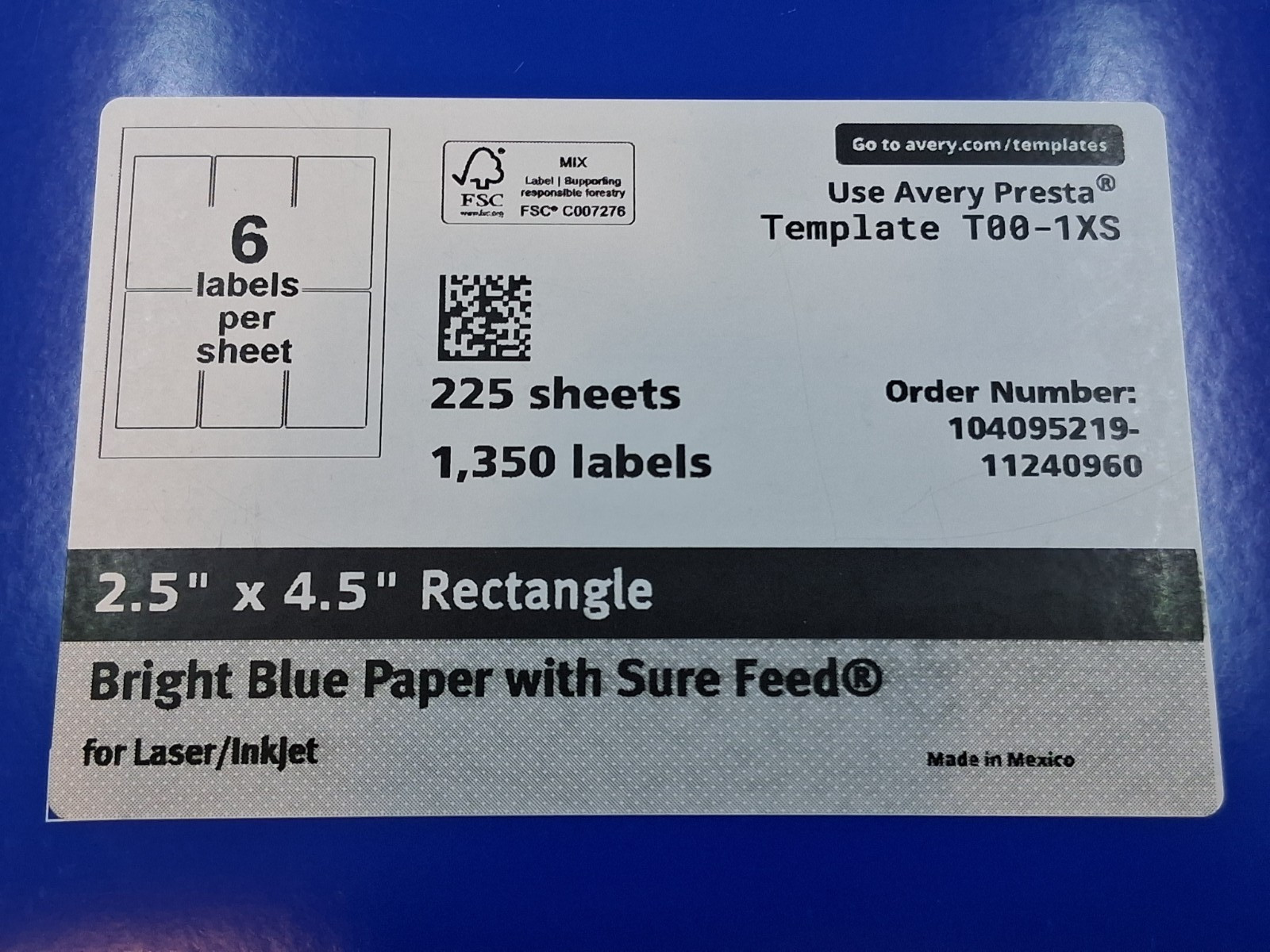1350 Avery 2″ x 4.5″ Rectangle Labels 225 Sheet Bright Blue Paper Presta T00-1XS
