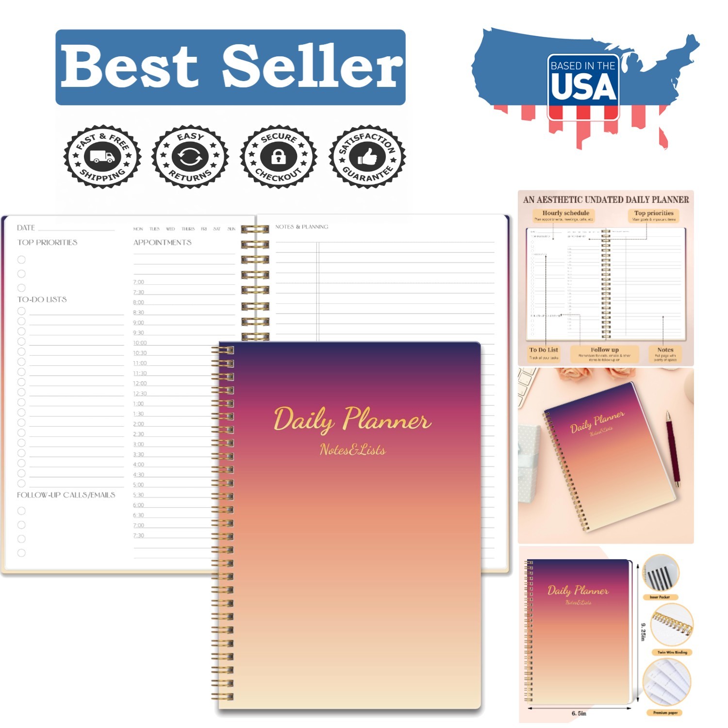Minimalist Daily Planner, Undated with Hourly Slots, Ideal for Work & Life Tasks