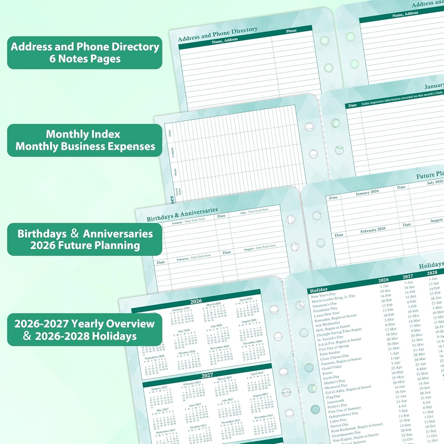 2026 Daily & Monthly Planner Refills 2 Pages Per Day Green 5.5×8.4 Inches