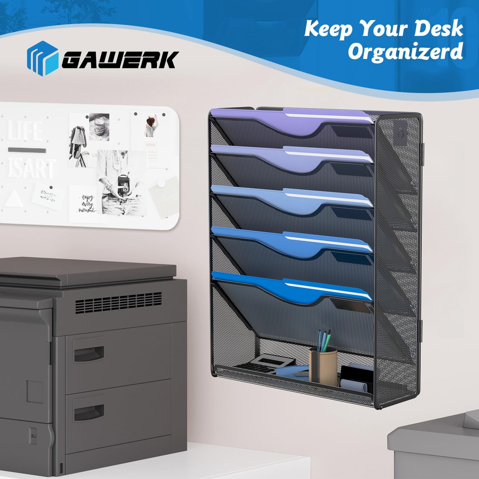 Gawerk 6 Tier Hanging File Organizer, Mesh Wall Holder Paper 6-T, Black