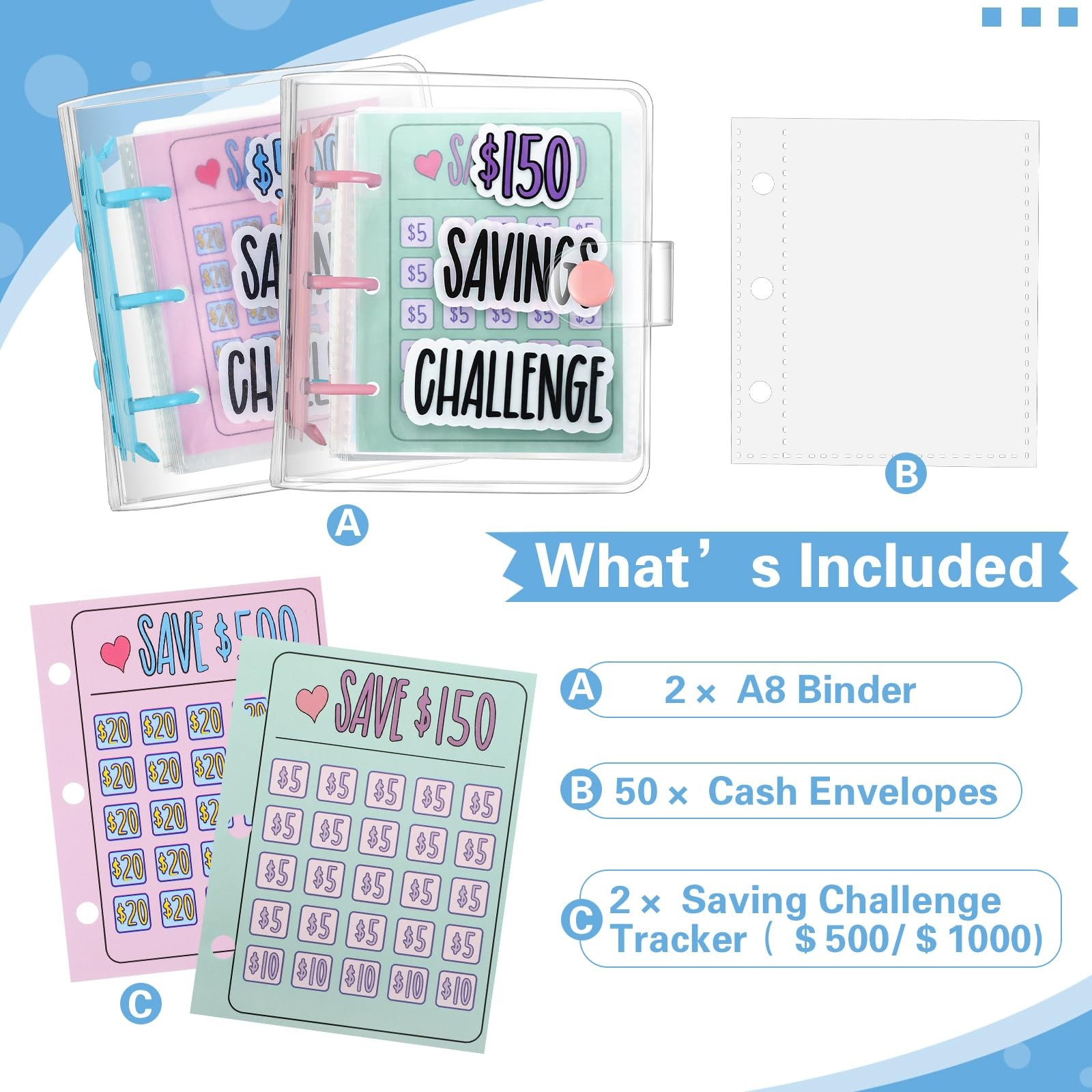 2 PCS Mini Money Savings Binder Saving Challenge Book Cash Envelopes Pink Blue