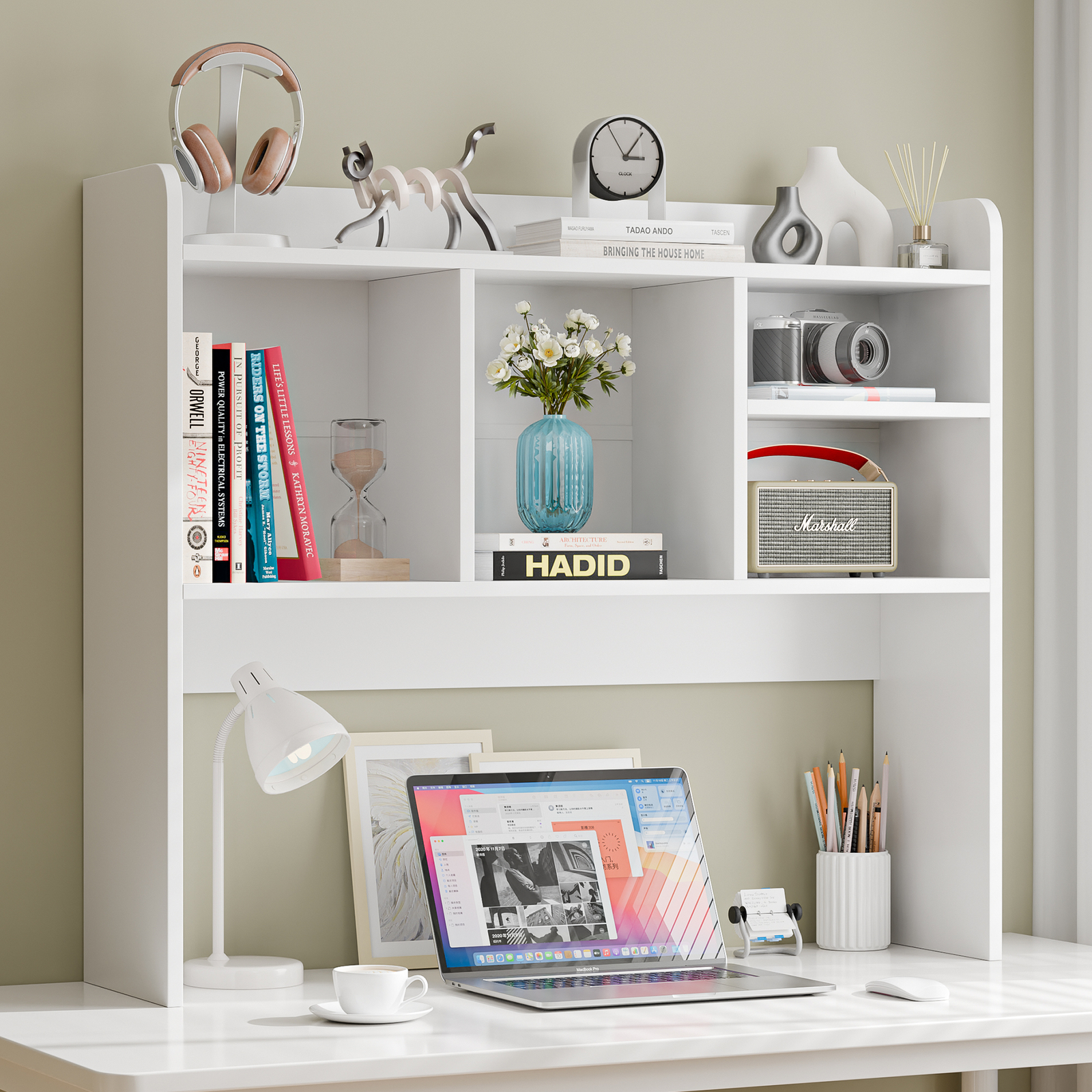 Desktop Bookshelf Countertop Storage Hutch w/ 5 Shelves for Computer Desk White