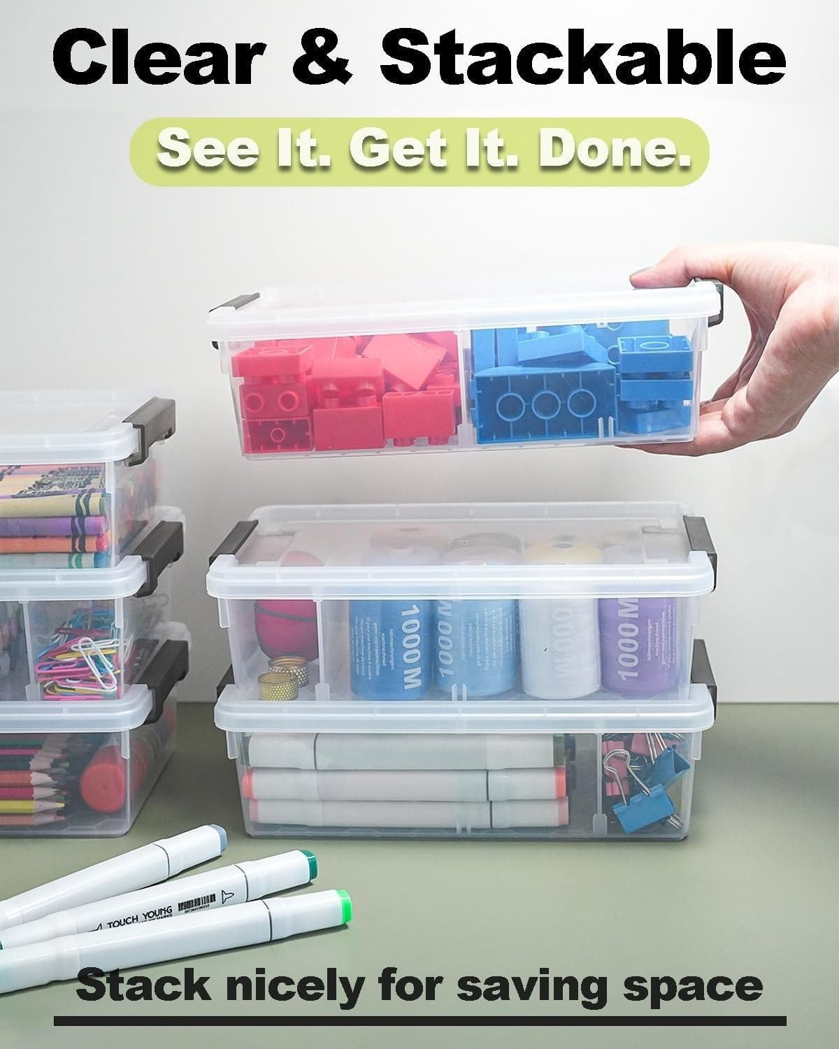 6 Pack Extra Large Pencil Boxes with Divider Stackable Storage Cases