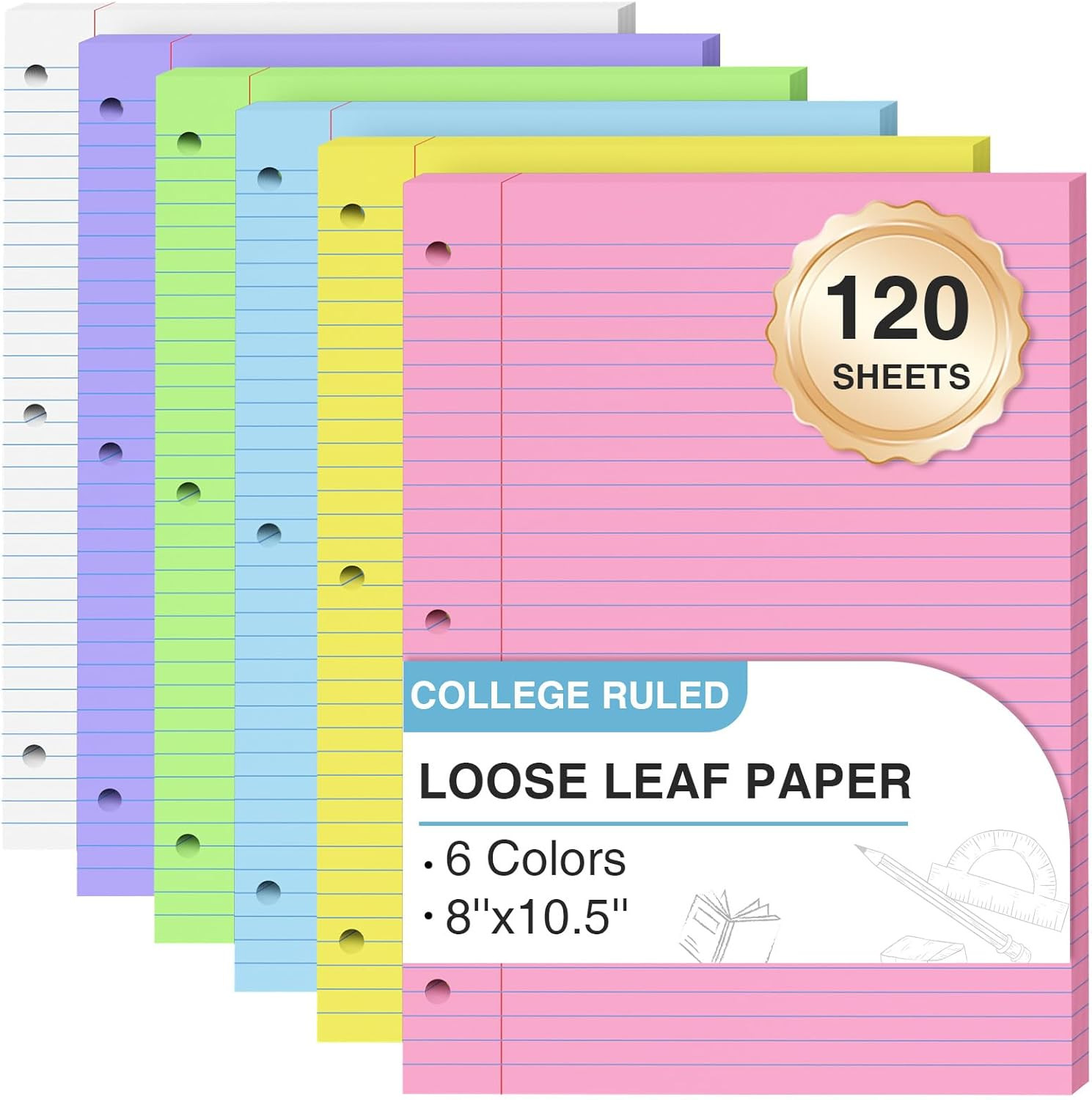 120 Sheets Loose Leaf Paper 8 X 10.5, 6 Colors Lined Paper College Ruled, 3-Hole