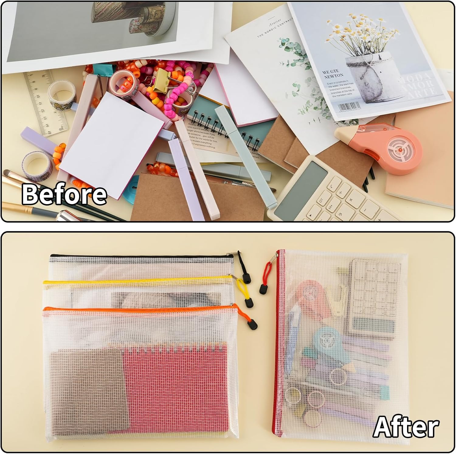 EOOUT 72Pcs Mesh Zipper Pouch, A4 Size, 12 Colors Zipper Bags for Organizing