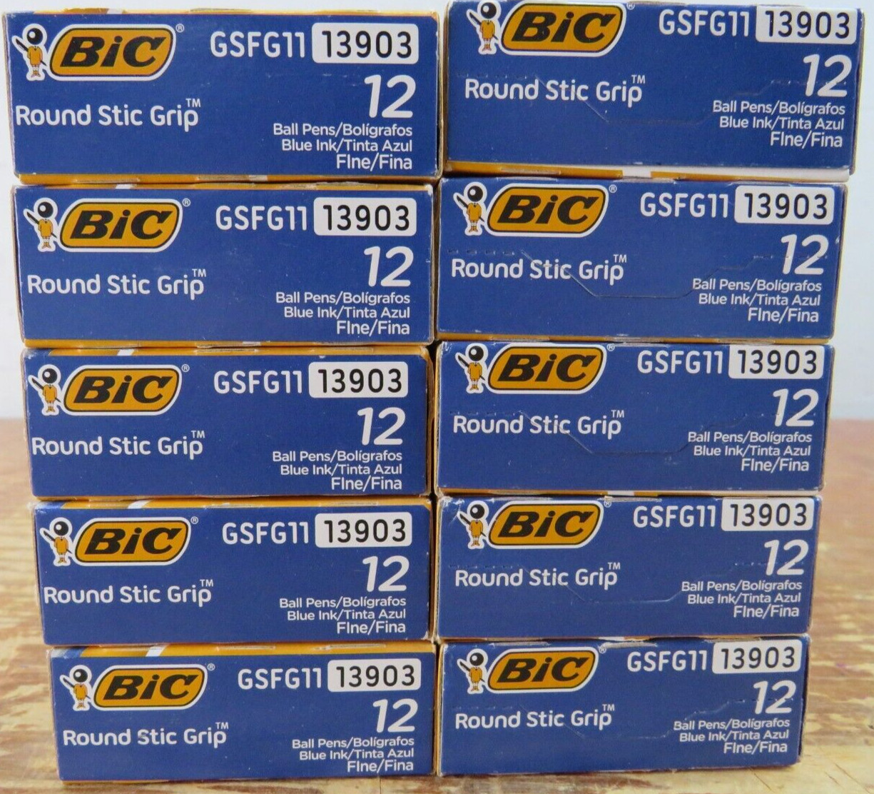 10 Boxes of 12 BIC Round Stic Grip Ballpoint Pen Fine 0.8 Blue 120 Total 13903