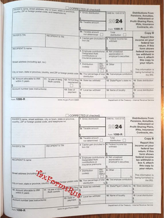 2024 IRS Tax Form 1099-R — NonCarbonless for 10 recipients + (2) 1096 — NO Env