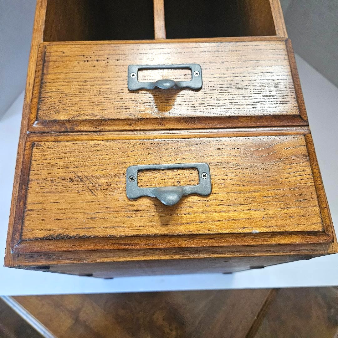 Vintage 19″ Tall Oak Wood Desktop Organizer w/Index Card Drawer/File Box/Cabinet