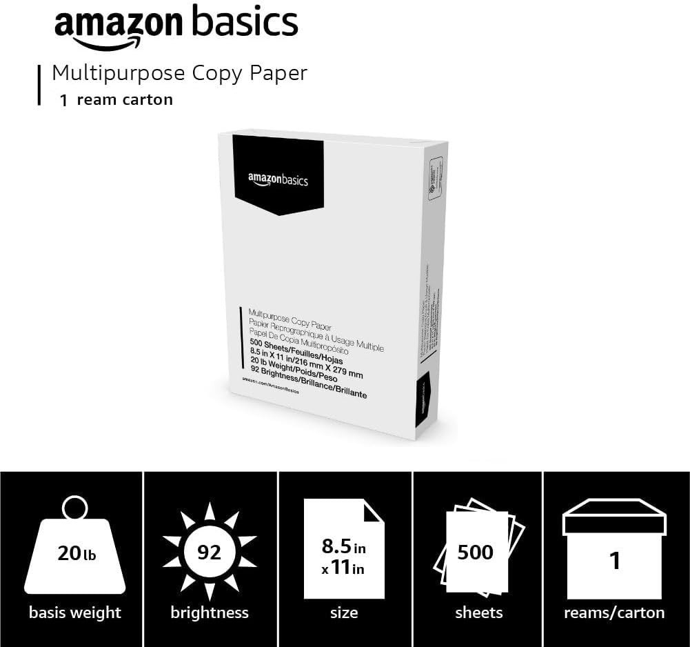Amazon Basics Multipurpose Copy Printer Paper, 8.5 x 11 Inches, 20 lb, 92 Bright
