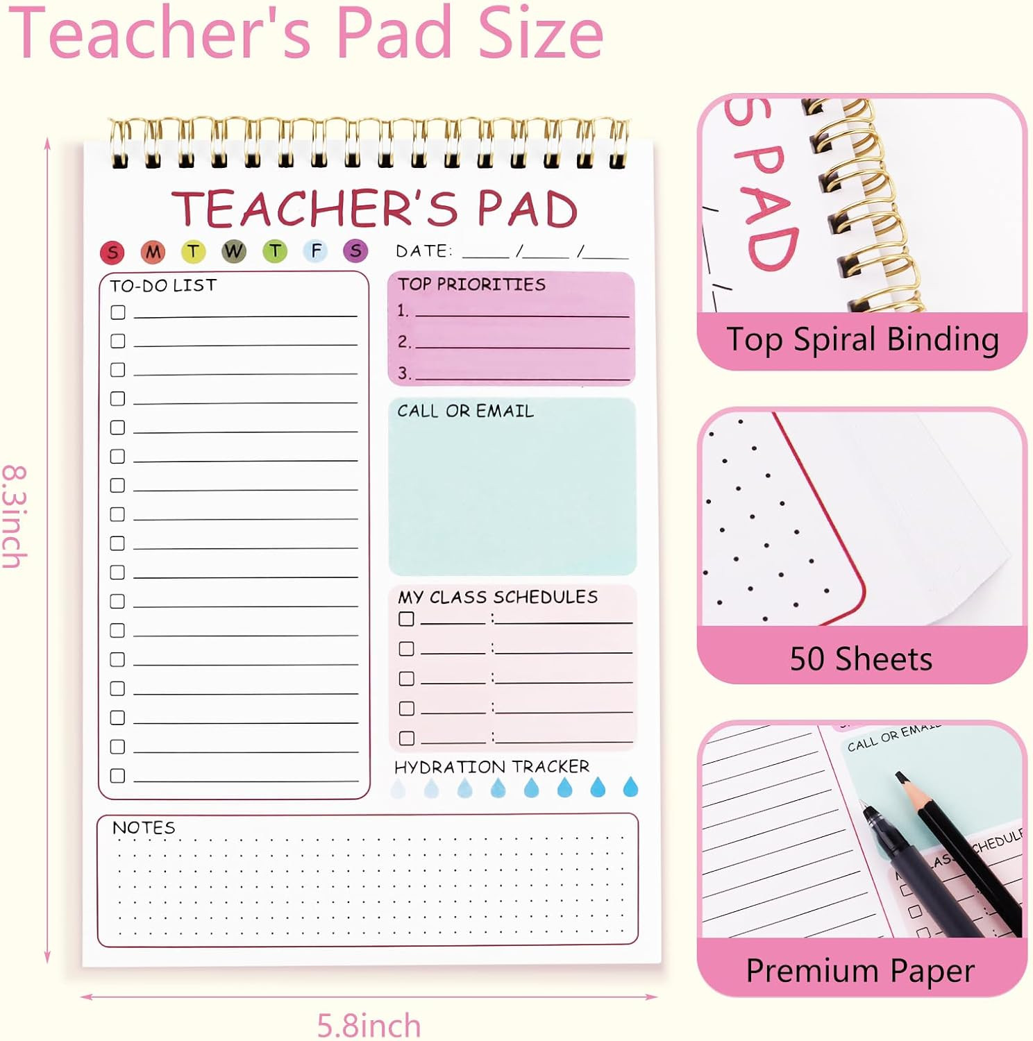 Teacher To Do List Notepad, 8.3×5.8 Inch Teacher Notepad, Spiral Checklist Noteb