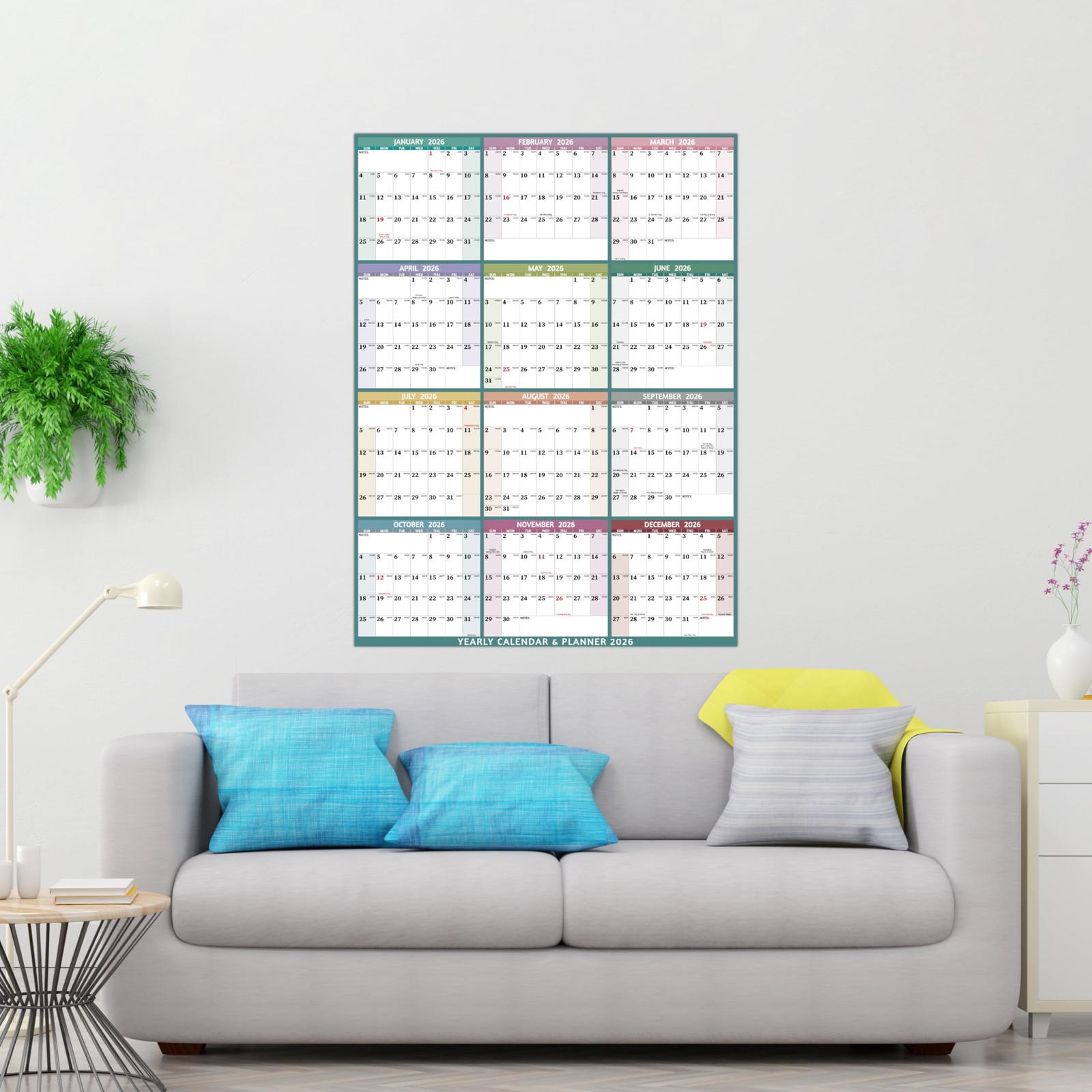 Yearly Wall Calendar 2026 – Large 2026 Vetical, multicolored